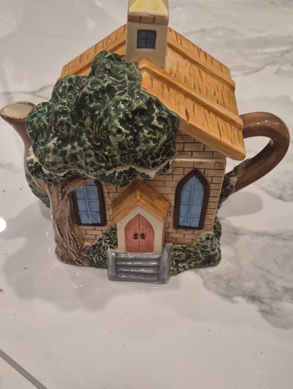 Vintage Collectible Ceramic Church Teapot in Yellow and Green